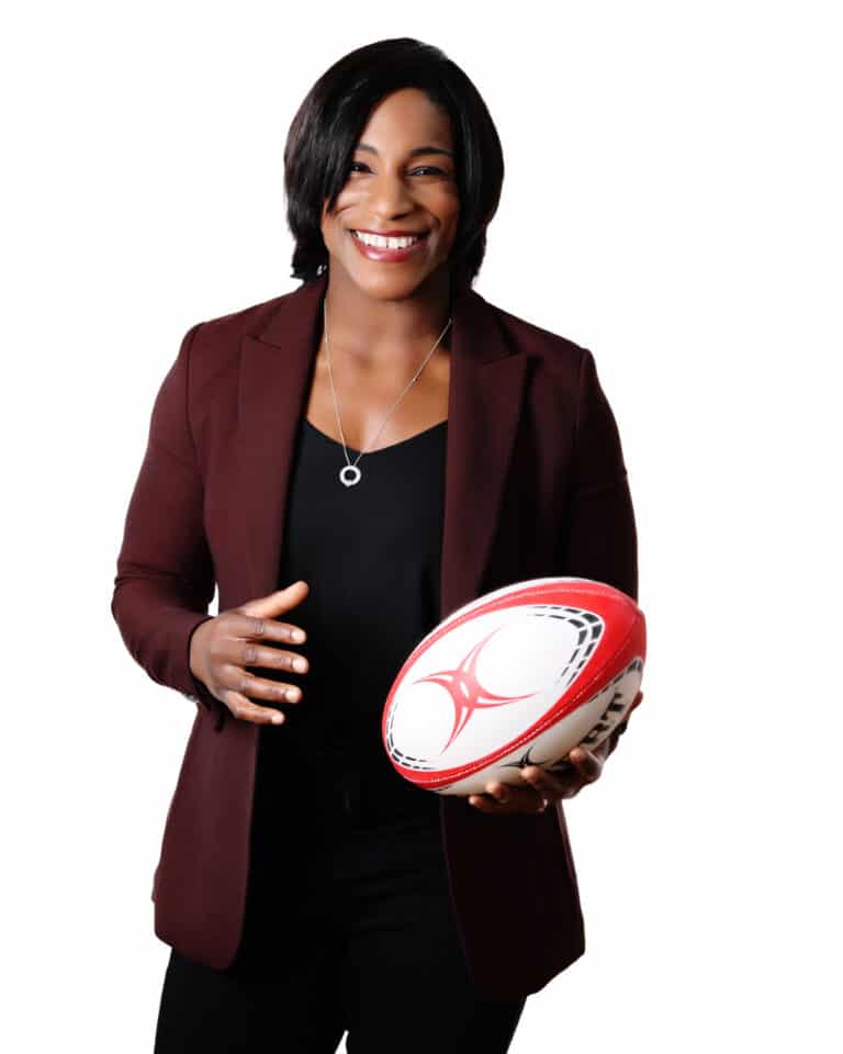 Margaret Alphonsi MBE holding rugby ball