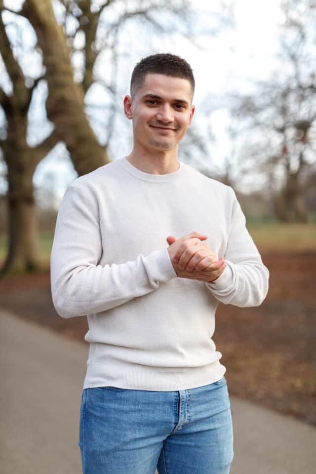 Tobias Lynes looking at camera